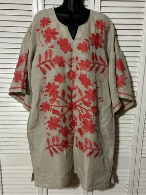 Sister Mary lined Embroidered Floral Tunic in Coral on Natural